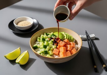 A hand pouring soy sauce into a bowl of sashimi sushi with rice avocado cucumber and sesame seeds on a gray table