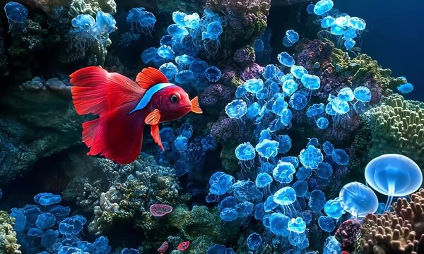 Vibrant coral reef scene with a red fish and blue jellyfish