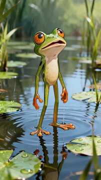 Cartoon frog, green amphibian, pond scene, lily pads, water ripples
