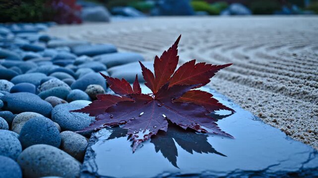 Close-Up of Japanese Maple Leaf on Slate Stone Reflecting in Water, Zen Garden Background