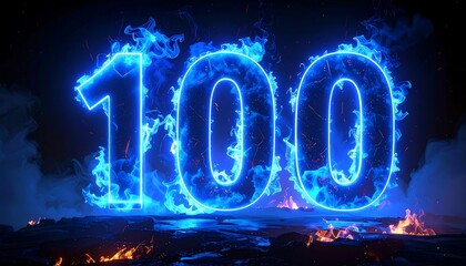 Animated neon number "100" engulfed in blue fire and smoke