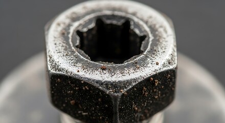Gritty closeup showcases the textured surface of an industrial hexagon nut