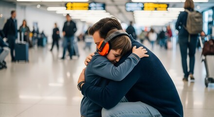 Parent Comforting Child with Noise Canceling Headphones, Neurodiversity in Airport, Support