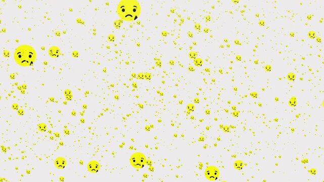 Social pattern facebook thumb up sad animation video footage on white background. Sad sign flying moving upwards direction while live chatting streaming. Facebook live reactions- React emotion.