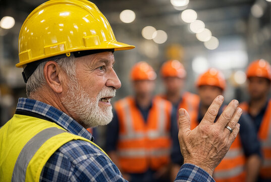Experienced construction foreman giving safety briefing to team in factory