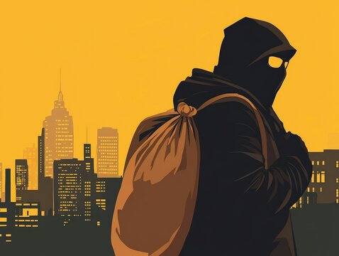 Silhouette of a figure carrying a bag in a city at sunset.