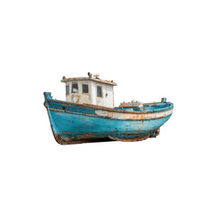 Obraz premium Old rusty blue fishing boat with weathered paint and vintage cabin showing nautical character isolated on white background