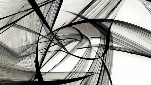 Abstract black lines overlap and weave against a white background, creating depth and movement
