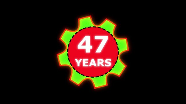Abstract 47 years glow alphabet number in sphere. 47 years text animation effects anniversary with setting gear animation on black background.