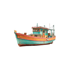 Naklejka premium Colorful vintage wooden fishing boat with teal and orange paint nautical details and rustic maritime charm isolated on white background