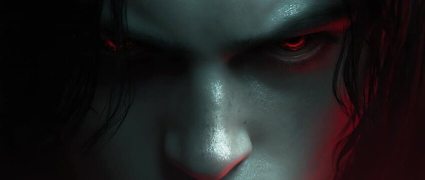 Demonic Male Warrior with Glowing Red Eyes and Long Dark Hair on Black Background