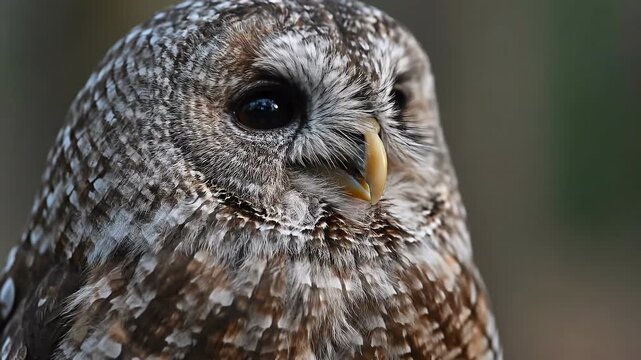 Close-up portrait of a brown owl with detailed feather patterns and calm gaze.