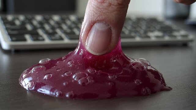 Close up finger poking purple slime on desk with keyboard background. Sticky gel toy for stress relief and cleaning dust. Fun sensory texture concept.