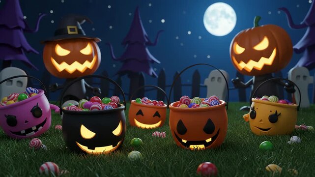 Cartoon Pumpkins and Candy Buckets on Halloween Night