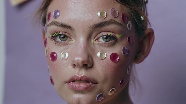 Close-up of young woman with creative makeup and colorful round gems on face against purple background. Artistic portrait perfect for beauty, fashion, and cosmetic concepts.