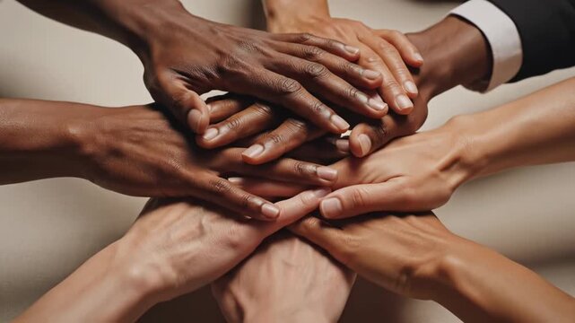 Diverse group of people stacking their hands together in unity and cooperation
