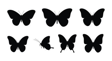 Collection of various butterfly silhouettes in black isolated on a white background featuring different wing shapes and sizes for design.