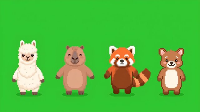 Pixel Art Animals Dancing Synchronized on Green Screen