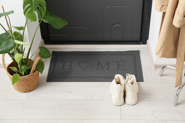 Hanger, houseplant and shoes near door mat in hall