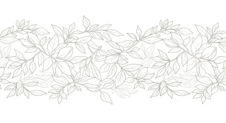 Obraz premium Delicate horizontal border of hand drawn leaf branches in a sketchy line art style on a plain white background for minimalist designs.