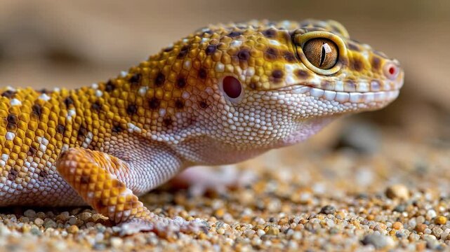 Closeup of a small gecko on sandy ground displaying patterned scales and vivid colors.