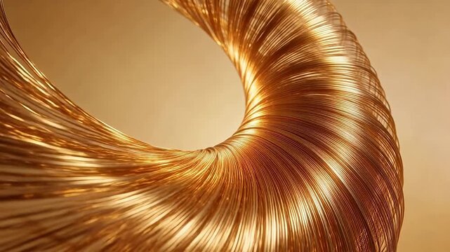 Golden metal wire spiral sculpture with shining texture on warm background