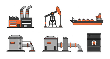 Oil industry equipment and facilities collection flat illustration.