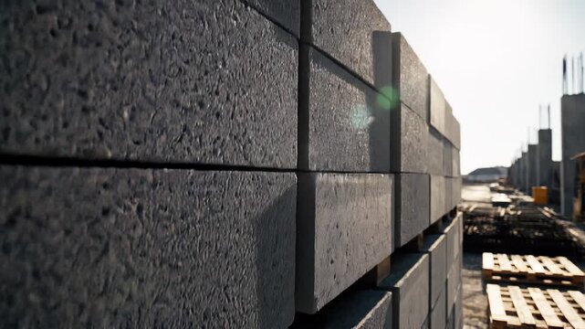 Dynamic Tracking Shot Along Massive Stack of Textured Concrete Blocks at Active Industrial Construction Site.