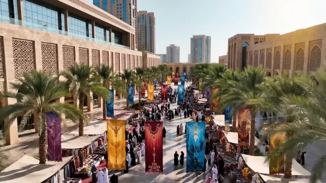 Busy elevated view of an Arabic souq promenade featuring crowds of people in traditional dress, shaded palm trees, and modern buildings, ideal for tourism, commerce, and Middle East culture footage.