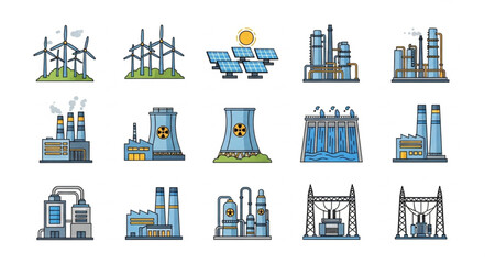 Collection of Industrial Power Generation Facilities Icons.