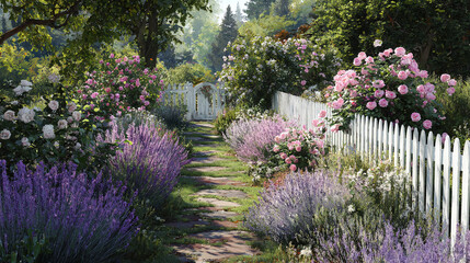 A beautiful garden path with lush plants, colorful flowers, and a white fence, creating a picturesque scene. The path leads the viewer into the enchanting garden.