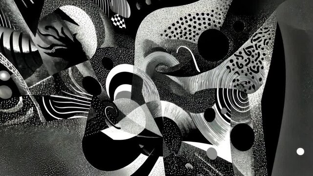 A dynamic black-and-white abstract composition with layered shapes, textures, and patterns