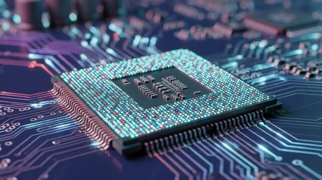 Closeup of microchip on circuit board with glowing blue lights