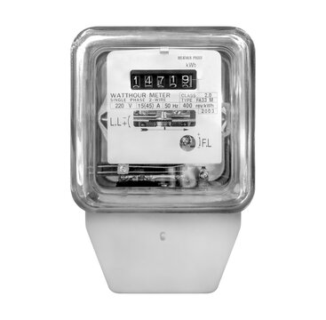 Front view the electric meter in front of the house is used to indicate the amount of electricity used in the household isolated on white background