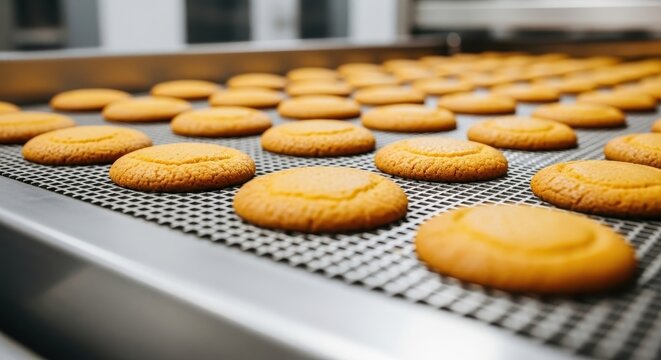 Golden Freshly Baked Cookies Cooling on a Metal Tray in a Busy Bakery Environment