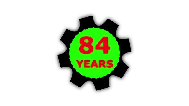 Abstract 84 years glow alphabet number in sphere. 84 years text animation effects anniversary with setting gear animation on black background.