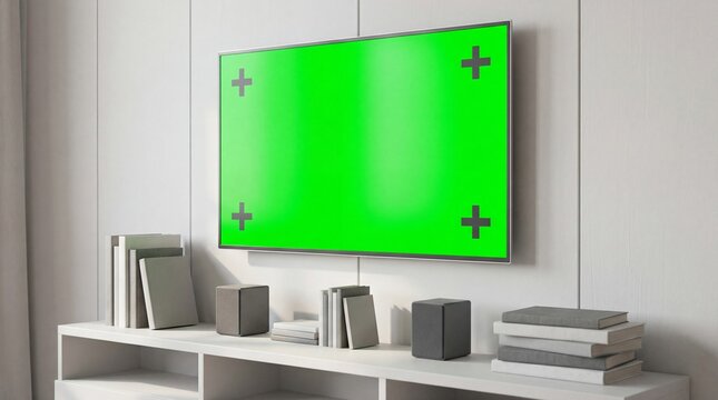 A green screen TV mounted on a white wall above a shelf with books and decorative items in a minimalist room