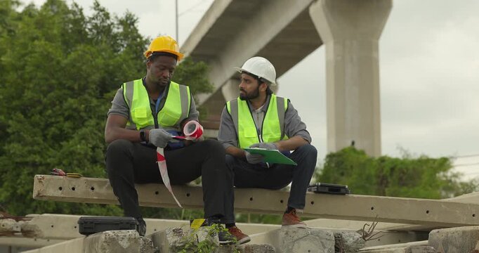 Railway engineer and technician conduct quality control material inspection on concrete pier segments and construction waste. Checking structural condition for safe site housekeeping and asset reuse.
