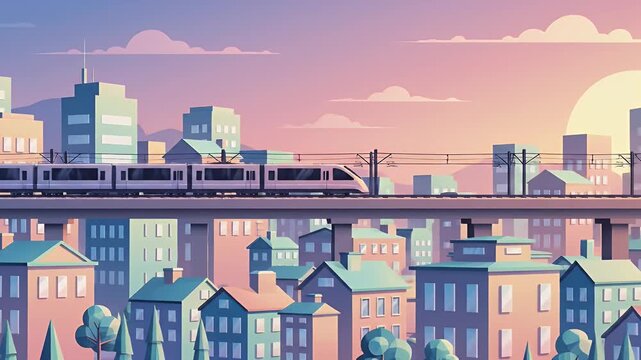 Elevated train on railway over modern city skyline at sunset