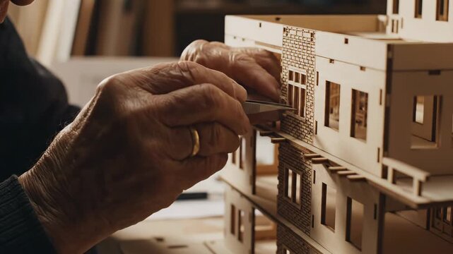 Hand using a tool to build a wooden model house with detailed architecture
