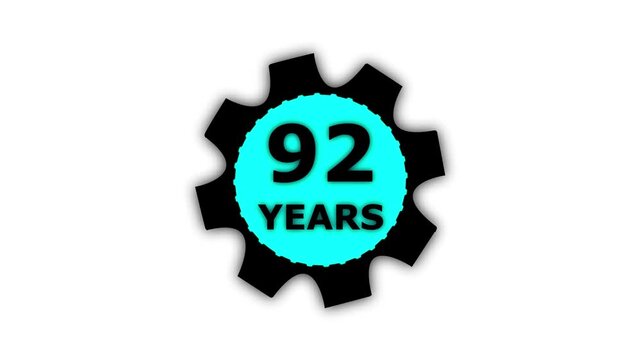 Abstract 92 years glow alphabet number in sphere. 92 years text animation effects anniversary with setting gear animation on black background.