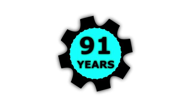 Abstract 91 years glow alphabet number in sphere. 91 years text animation effects anniversary with setting gear animation on black background.