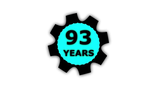 Abstract 93 years glow alphabet number in sphere. 93 years text animation effects anniversary with setting gear animation on black background.