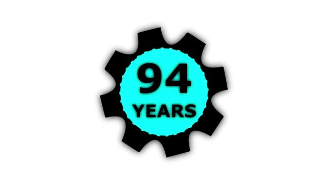 Abstract 94 years glow alphabet number in sphere. 94 years text animation effects anniversary with setting gear animation on black background.