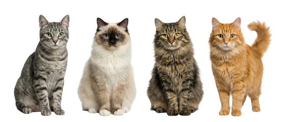 Four domestic cats: grey tabby, seal point ragdoll, brown tabby, and ginger cat sitting isolated on white