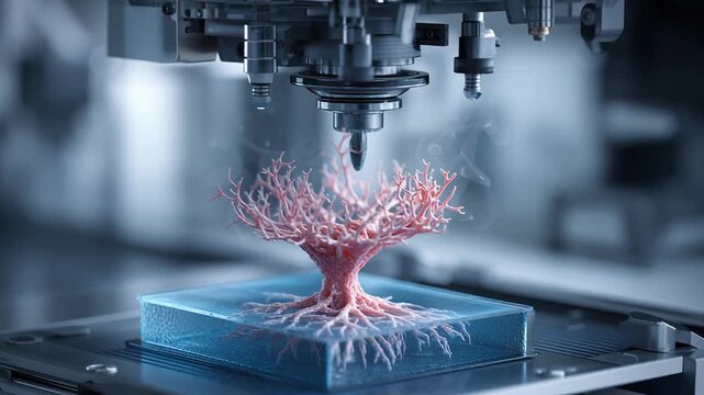 A 3D printed tree made of red and pink plastic. 3d bioprinting technology concept, detailed biological structure forming layer by layer, modern biomedical visualization, editorial science style