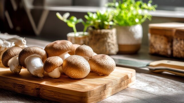 Fresh mushrooms on a wooden cutting board in a bright kitchen setting with natural light and green plants in the background for culinary inspiration