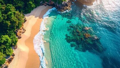 Aerial view of a secluded tropical beach with crystal clear turquoise waters and lush green foliage, showcasing a pristine paradise