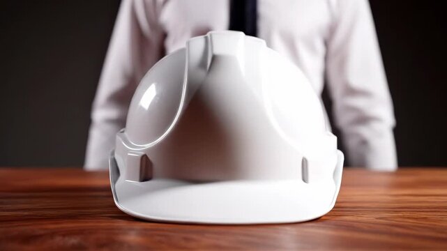 White hard hat on a wooden table with a blurred man in the background
