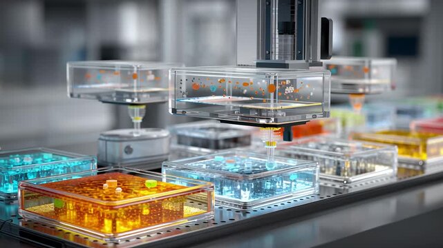 Advanced bioprinting drug testing visualization, printed tissue samples interacting with liquid compounds, minimal clinical environment, professional biotech imagery 